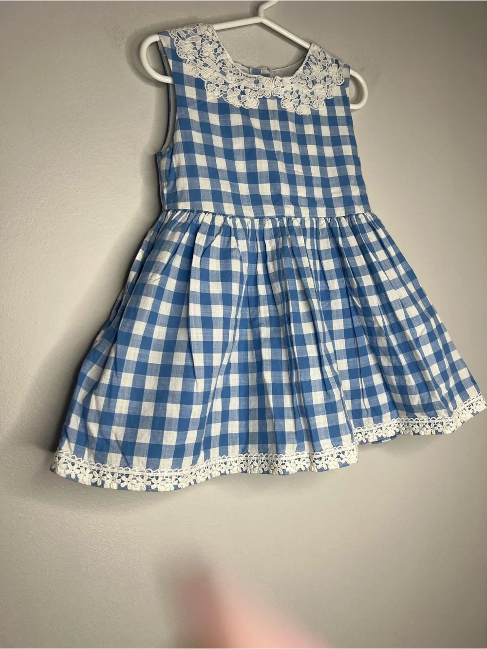 OshKosh B’gosh Blue Gingham Dress 3T Lace Collar Cotton Pockets Toddler Girl